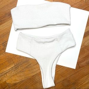 White Ribbed Bandeau High Cut Bikini